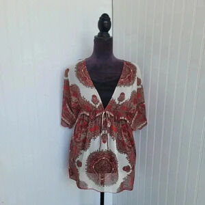 B Wear Women's Paisley Short Sleeve Sheer Blouse Red Ivory Black Tank Size M